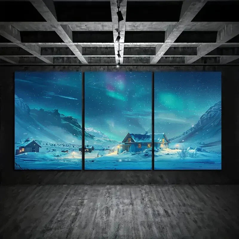 3pcs Northern Lights House Mountain Metal Print Ready to Hang Art
