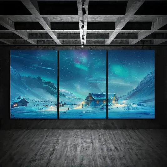 3pcs Northern Lights House Mountain Metal Print Ready to Hang Art
