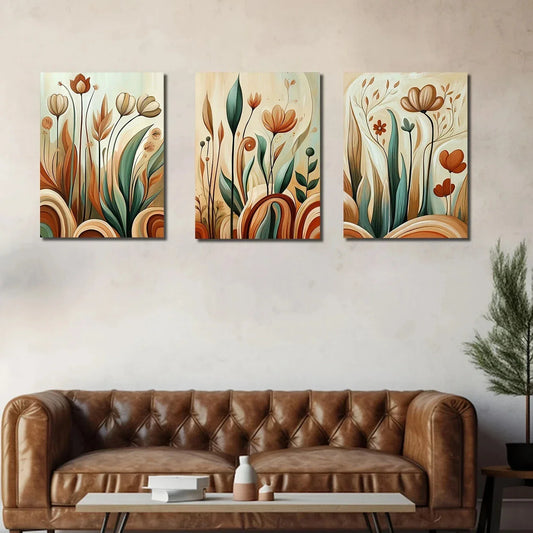 3pcs Abstract Plants Flowers And Trees in Earthy Metal Print Ready to Hang Art