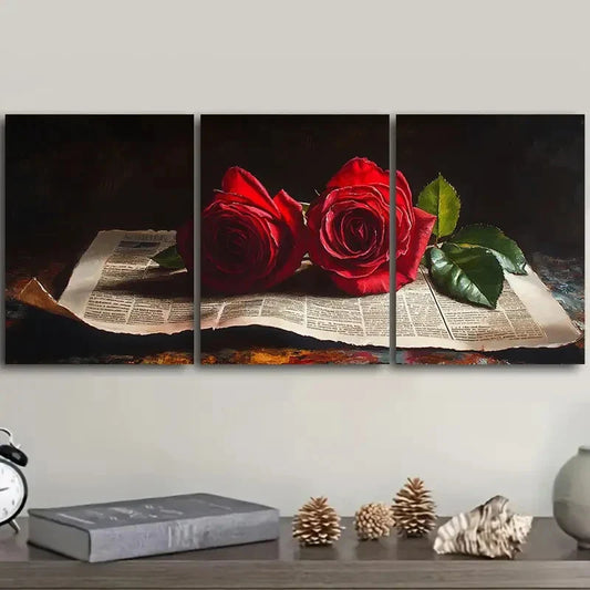 3pcs Red Roses on Vintage Newspaper Metal Print Ready to Hang Art