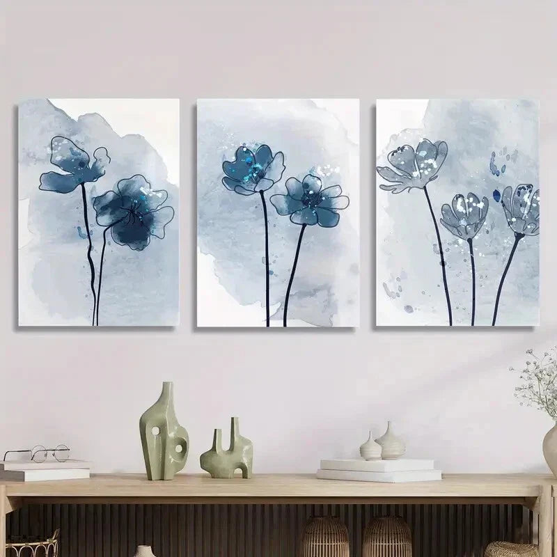 3pcs Blue botanical abstract art, botanical flower MetalPrint Ready to Hang Art