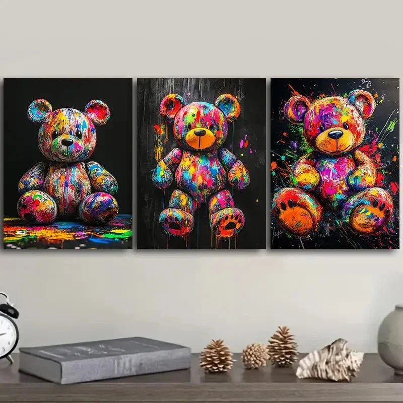 3pcs Colorful teddy bear graffiti Painting  Wall Art Set Canvas Framed 40x60cm - High Quality Print 100% Australian Made Wall Canvas Ready to Hang