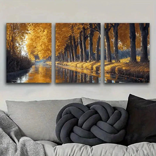 3pcs Golden Autumn River Trees Nature  Metal Print Ready to Hang Art