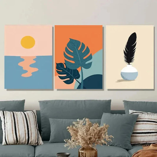 3pcs Modern Abstract Sunset, Tropical Leaves Metal Print Ready to Hang Art