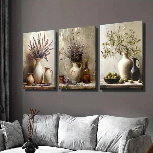 3pcs Rustic Three Lavender Pottery Jar Wall Art Set Canvas Framed 40x60cm - High Quality Print 100% Australian Made Wall Canvas Ready to Hang