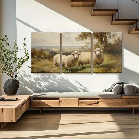 3pcs Two Sheep in Meadow Scene Metal Print Ready to Hang Art