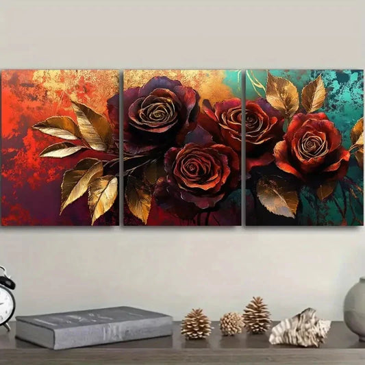 3pcs  A painting of a rose in Golden leaf Metal Print Ready to Hang Art