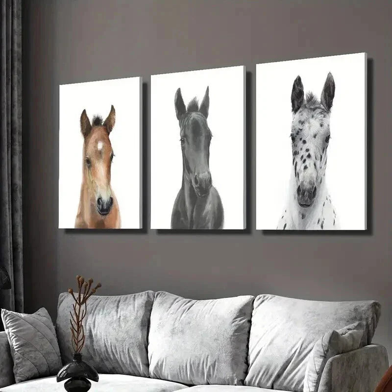 3pcs Brown Black White Pony Decoration Wall Art Set Canvas Framed 40x60cm - High Quality Print 100% Australian Made Wall Canvas Ready to Hang