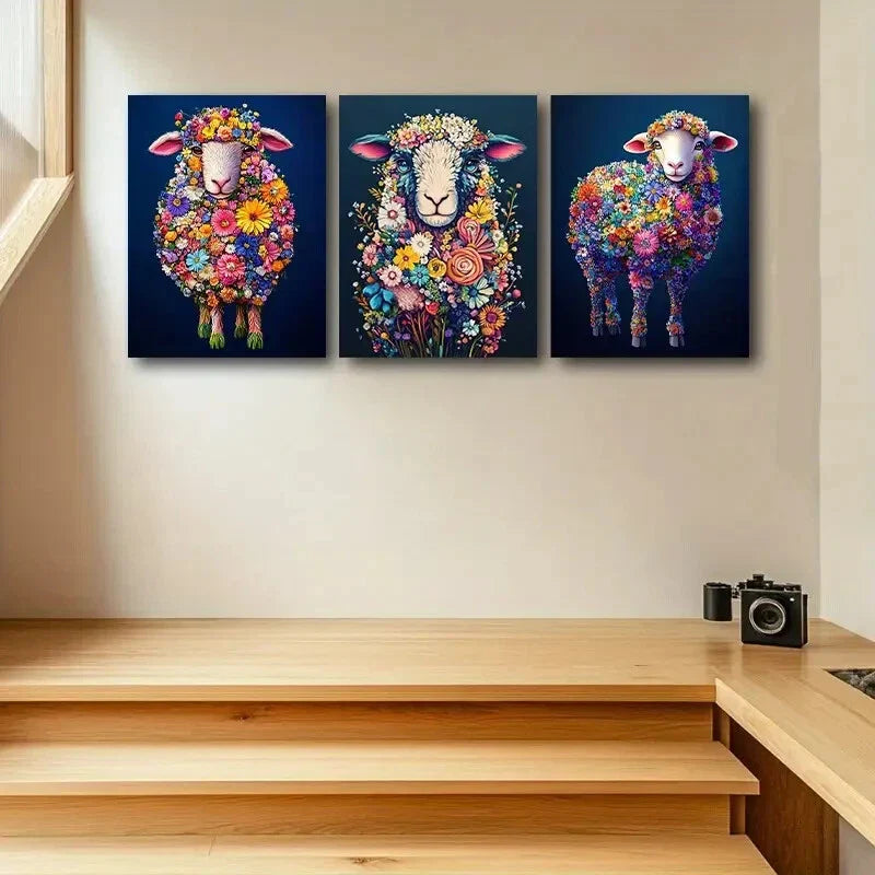 3pcs Colorful Sheep made of flowers Metal Print Ready to Hang Art