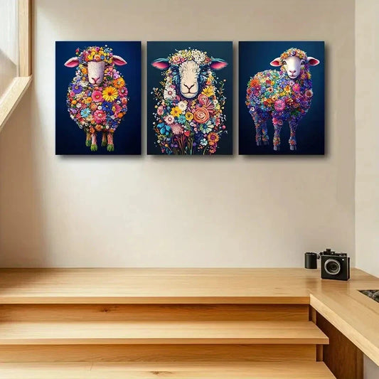 3pcs Colorful Sheep made of flowers Metal Print Ready to Hang Art