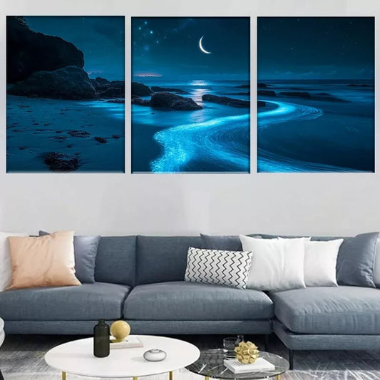 3pcs Mystical Ocean Moonlit Bioluminescent Beach Wall Art Set Canvas Framed 40x60cm - High Quality Print 100% Australian Made Wall Canvas Ready to Hang