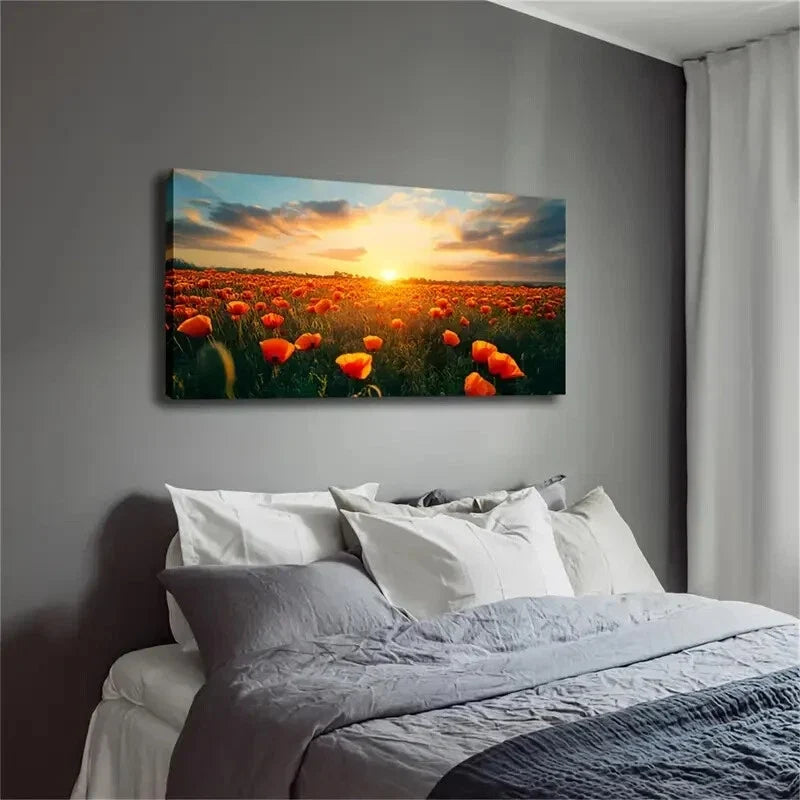 Blooming Orange Poppies Wall Art Canvas Office Home Room Framed 120x60cm