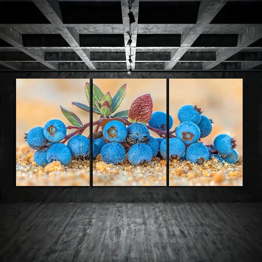 3pcs Vibrant Blueberries and Black Butterflies Metal Print Ready to Hang Art