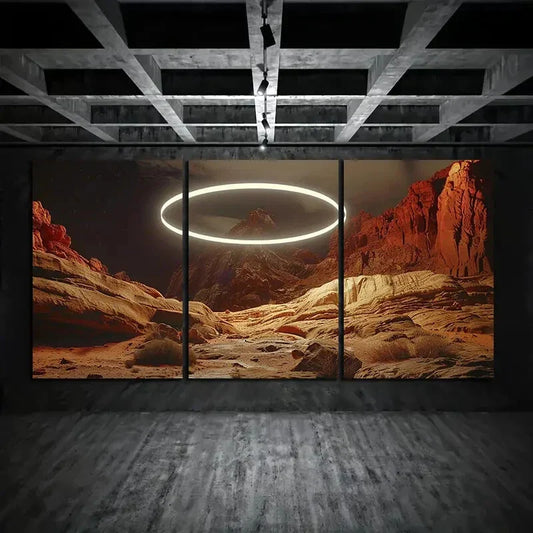 3pcs Mountain Night Scene White Luminous Rings Metal Print Ready to Hang Art