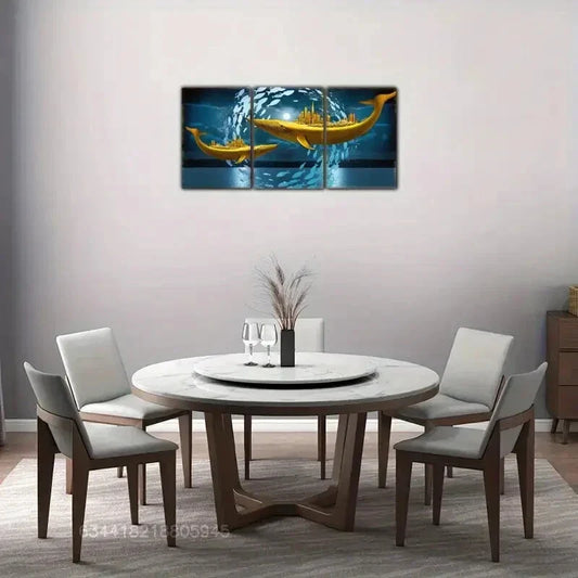 3pcs Golden Fishing Boat & School of Fish, Metal Print Ready to Hang Art