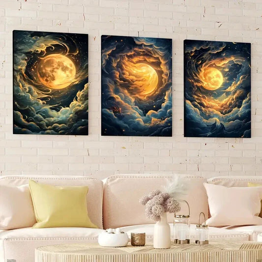3pcs Night Sky Clouds Stunning Golden Moon Wall Art Set Canvas Framed 40x60cm - High Quality Print 100% Australian Made Wall Canvas Ready to Hang
