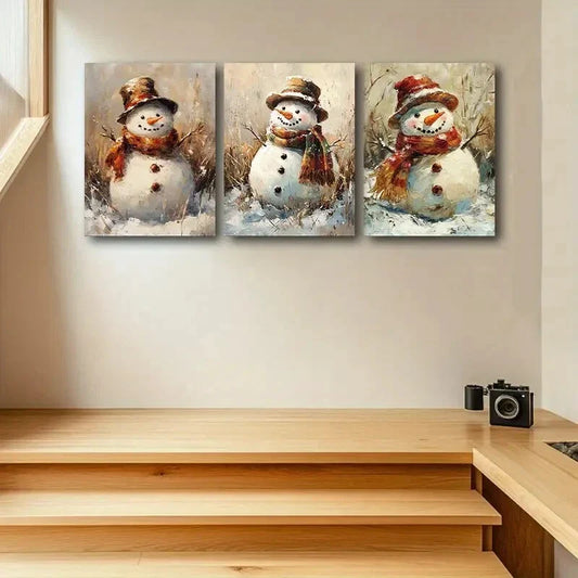 3pcs Snowman with Hat Metal Print Ready to Hang Art