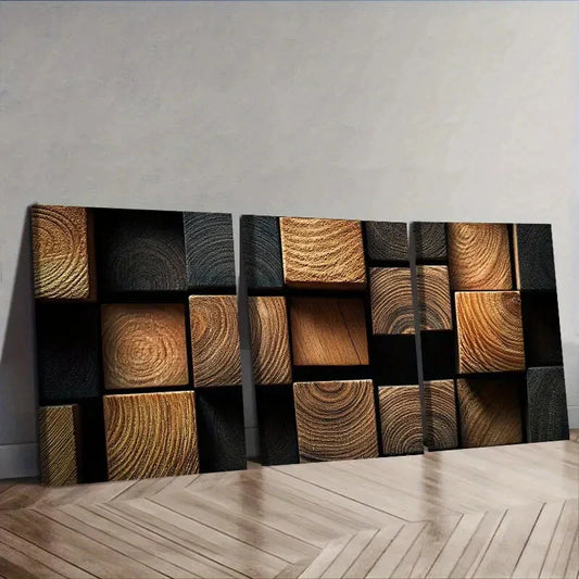 3pcs Featuring Dark Textured Wooden Blocks Wall Art Set Canvas Framed 40x60cm - High Quality Print 100% Australian Made Wall Canvas Ready to Hang