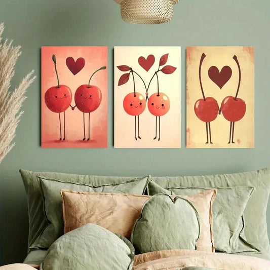 3pcs Simple Red Cherries Holding Hands Metal Print Ready to Hang Art