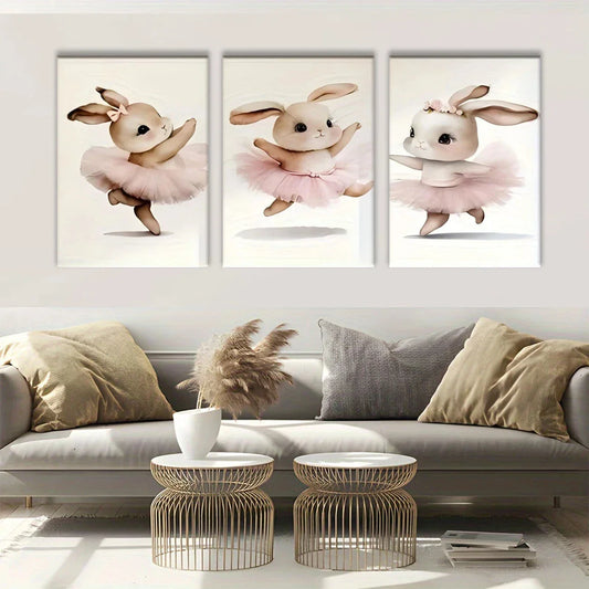 3pcs Whimsical Ballerina Bunny Metal Print Ready to Hang Art
