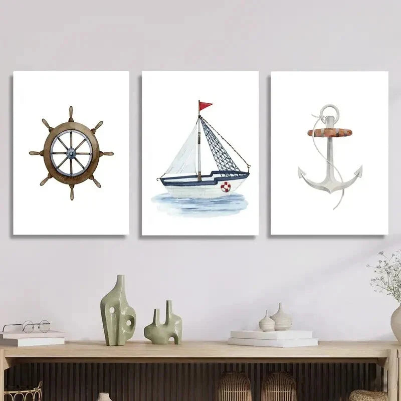 3pcs  watercolor style painting of rudder sailboat Metal Print Ready to Hang Art