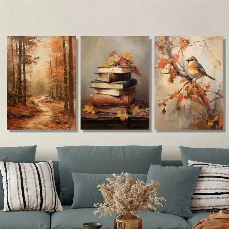 3pcs European Realistic Autumn Scenery, Metal Print Ready to Hang Art