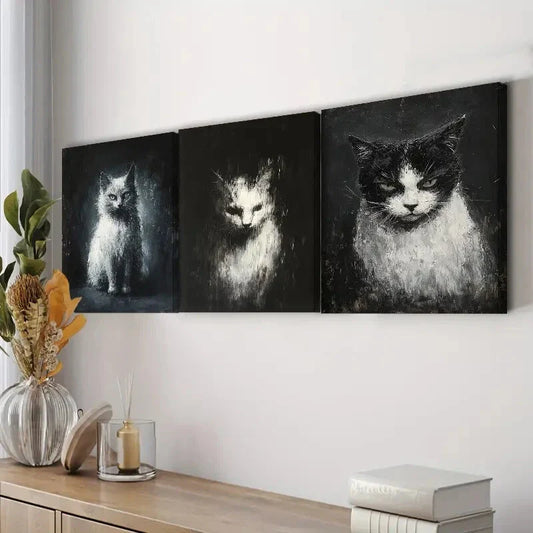 3pcs Beautiful Cat Black Darkness Perfect Wall Art Set Canvas Framed 40x60cm - High Quality Print 100% Australian Made Wall Canvas Ready to Hang