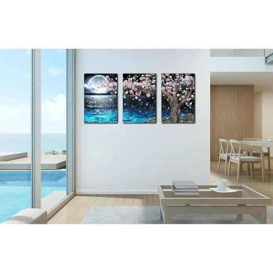3pcs Moonlit Ocean & Cherry Blossom Metal Print Ready to Hang Art