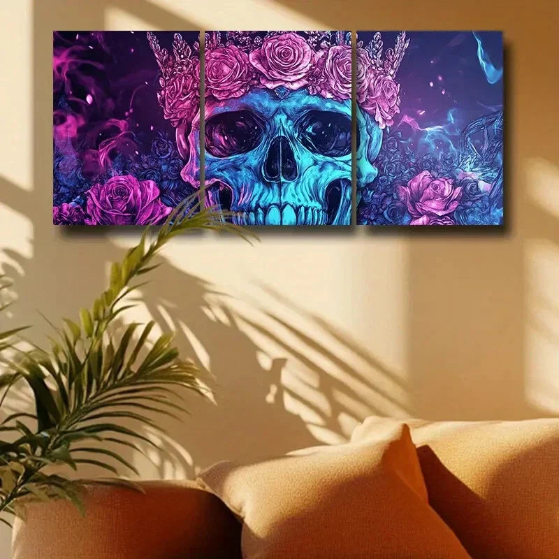3pcs Skull wore a Crown of Roses Metal Print Ready to Hang Art
