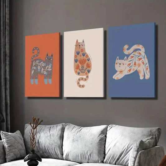 3pcs Cute Cartoon Nordic Niche Cats Wall Art Set Canvas Framed 40x60cm - High Quality Print 100% Australian Made Wall Canvas Ready to Hang