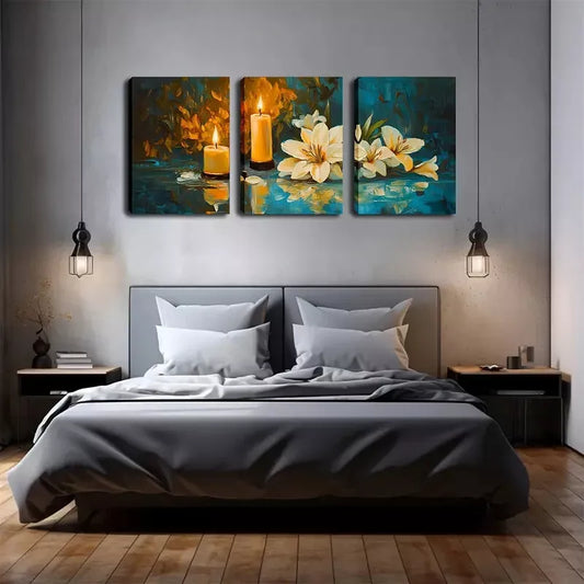 3pcs Warm Flowers And Candles,  Wall Art Set Canvas Framed 40x60cm - High Quality Print 100% Australian Made Wall Canvas Ready to Hang