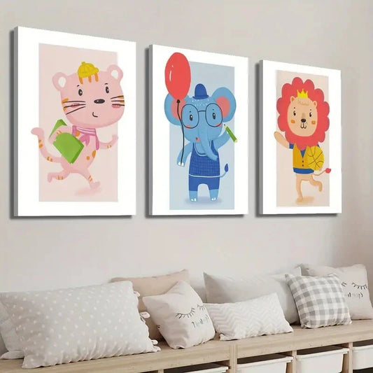3pcs Funny Cartoon Animal Illustration Wall Art Set Canvas Framed 40x60cm - High Quality Print 100% Australian Made Wall Canvas Ready to Hang