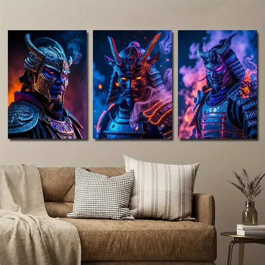 3pcs Samurai Warrior in Armor Demon Mask Vibrant Metal Print Ready to Hang Art