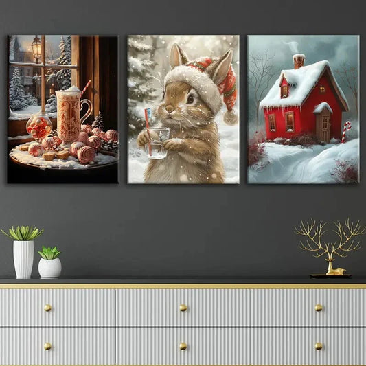 3pcs Christmas Red House Poster, Metal Print Ready to Hang Art