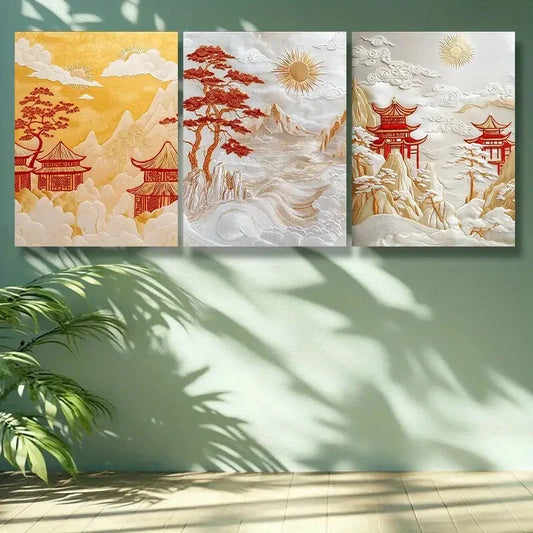 3pcs  Chinese Traditional Pavilion  Wall Art Set Canvas Framed 40x60cm -High Quality Print 100% Australian Made Wall Canvas Ready to Hang