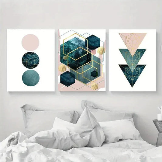 3pcs Teal Shapes Abstract Design Metal Print Ready to Hang Art