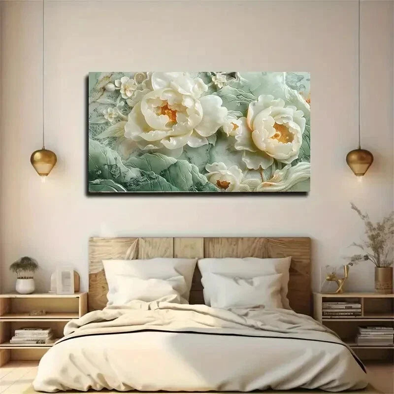 White Peony Green Leaves wall canvas office home room framed 120x60cm