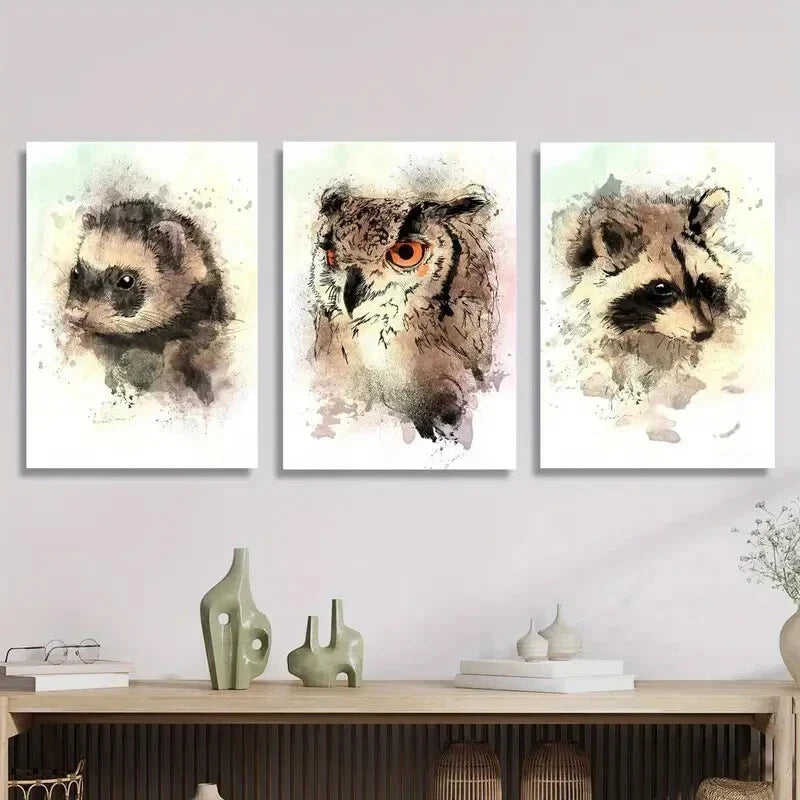 3pcs Watercolor Ferret Raccoon Owl, Animal   Metal Print Ready to Hang Art