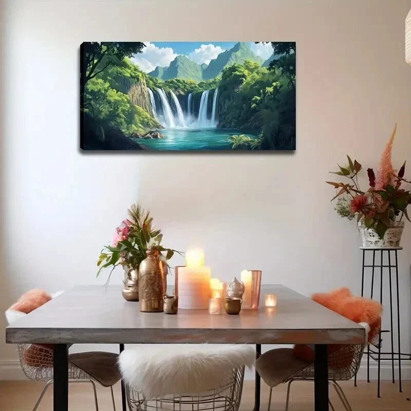 Waterfall Lush Greenery Vibrant Wall Art Canvas Office Home Room Framed 120x60cm