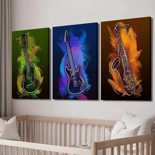 3pcs Abstract Guitar Saxophone Music Instrument Wall Art Set Canvas Framed 40x60cm - High Quality Print 100% Australian Made Wall Canvas Ready to Hang