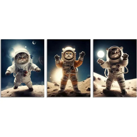 3pcs Funny Astronaut Cats on Moon Metal Print Ready to Hang Art