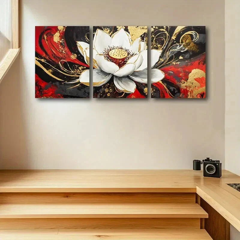 3pcs Elegant White Lotus Flower Design Metal Print Ready to Hang Art