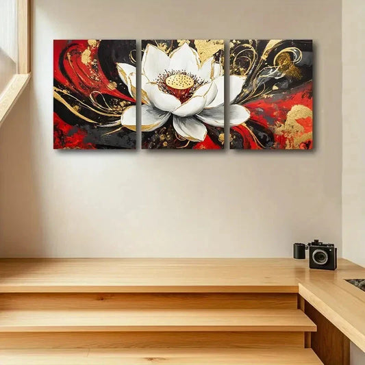 3pcs Elegant White Lotus Flower Design Metal Print Ready to Hang Art