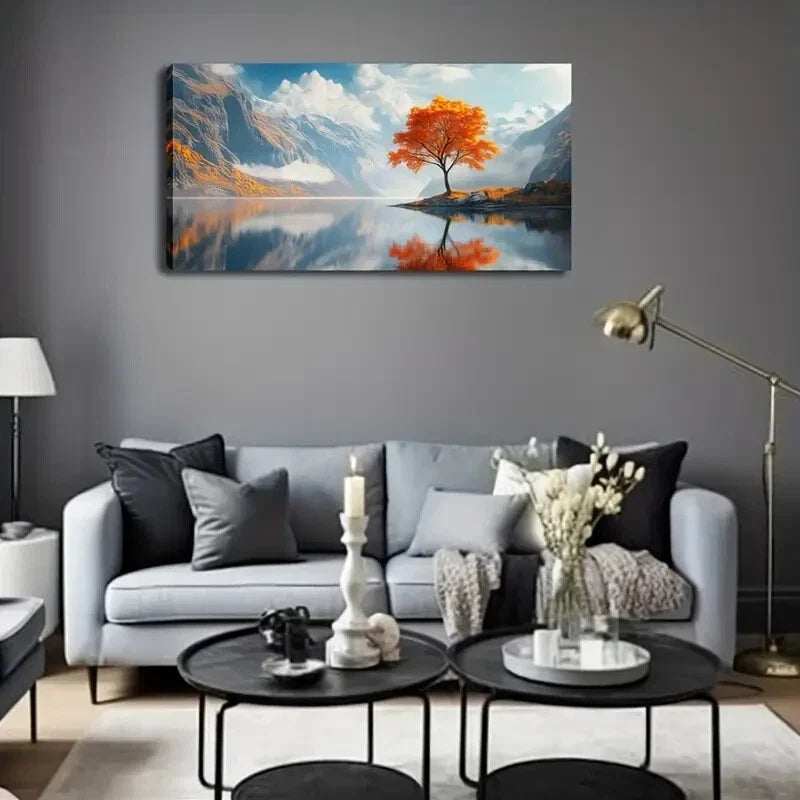 Vibrant Autumn Tree By Lake Wall Art Canvas Office Home Room Framed 120x60cm