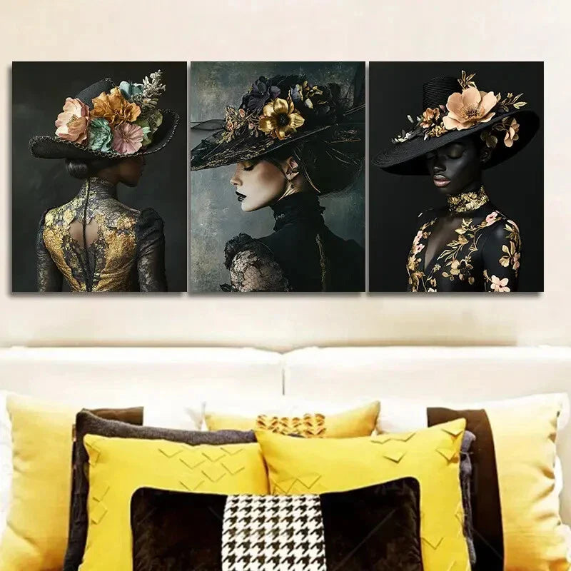 3pcs  Floral Hat Girl Painting, Metal Print Ready to Hang Art