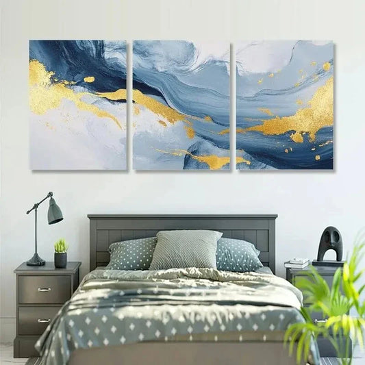3pcs Blue & Golden Contemporary Painting Metal Print Ready to Hang Art