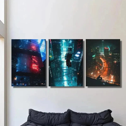 3pcs Cyberpunk city, sci-fi scene,  Art Metal Print Ready to Hang Art
