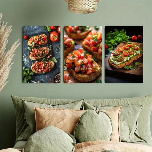 3pcs Toasted Bread Slices with Tomato And Basil Metal Print Ready to Hang Art