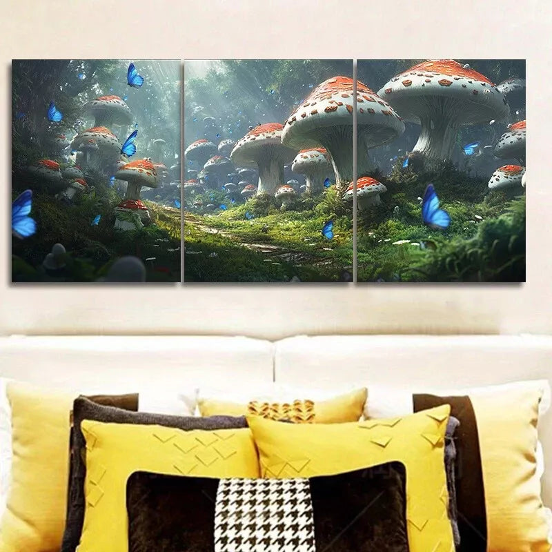 3pcs Featuring Mushrooms In A Forest Nature Wall Art Set Canvas Framed 40x60cm - High Quality Print 100% Australian Made Wall Canvas Ready to Hang