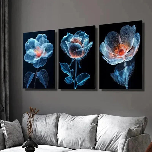 3pcs Crystal Rose Flower on Dark Background Wall Art Set Canvas Framed 40x60cm - High Quality Print 100% Australian Made Wall Canvas Ready to Hang